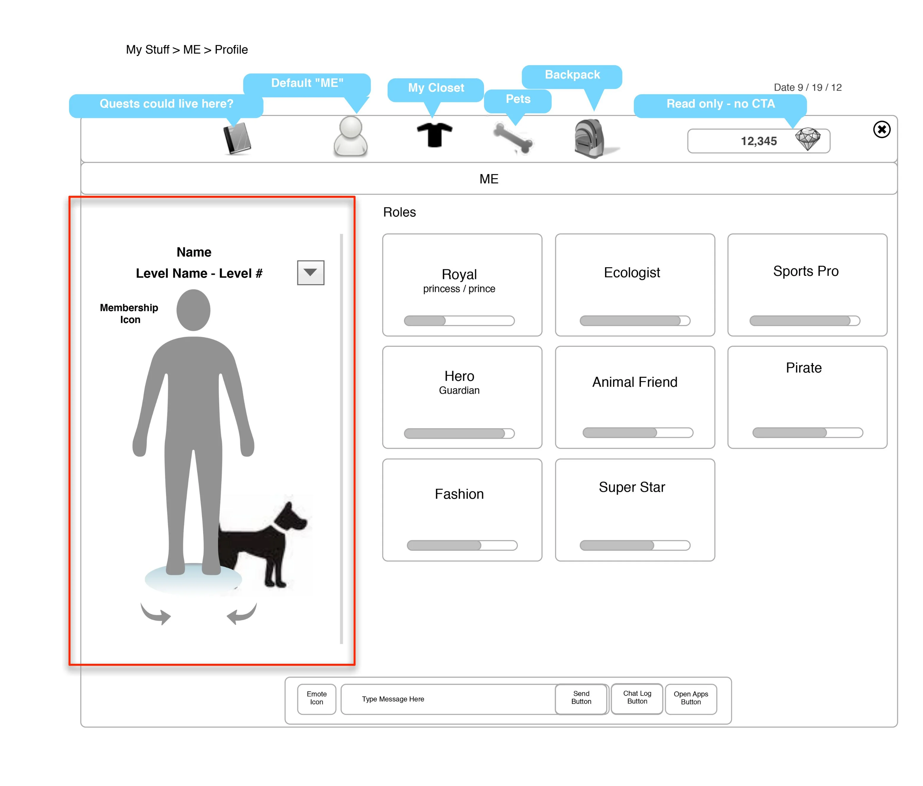 Dashboard and progress wireframe